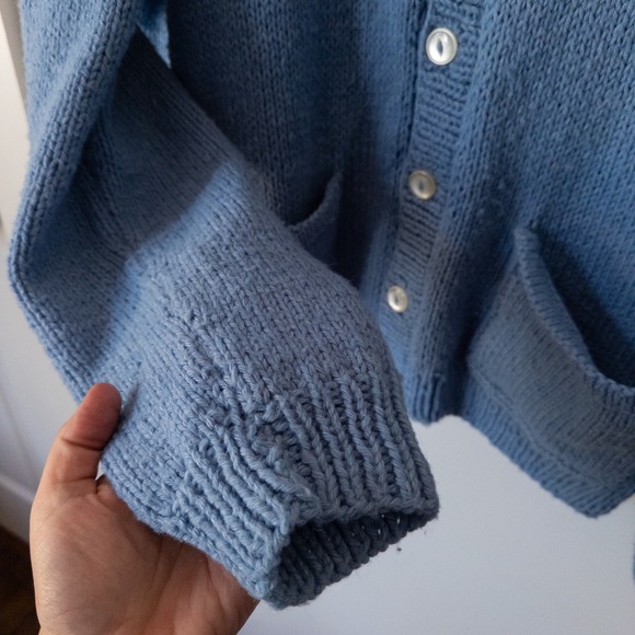 Vintage Handmade Light Blue Knit Cardigan Womens L Chunky Grandpa Sweater Indie - Picture 4 of 9
